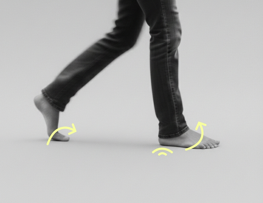 Bare feet mid-stride with motion annotations — movement as the nervous system reads it